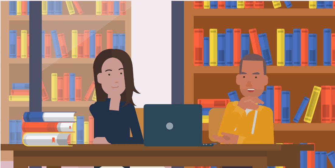 Library training animation with two learners at a research desk