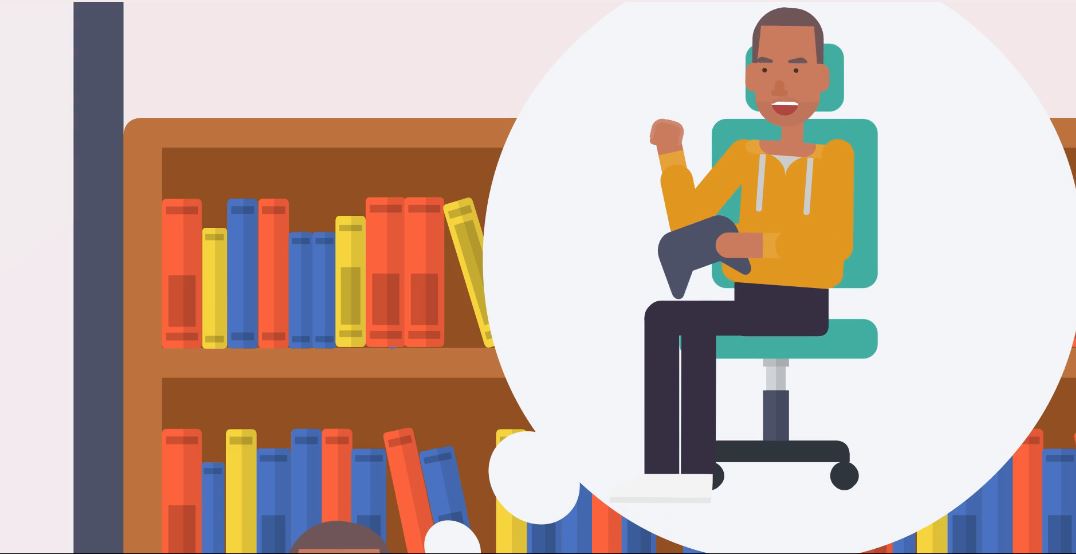 Library training animation with a learner in the library