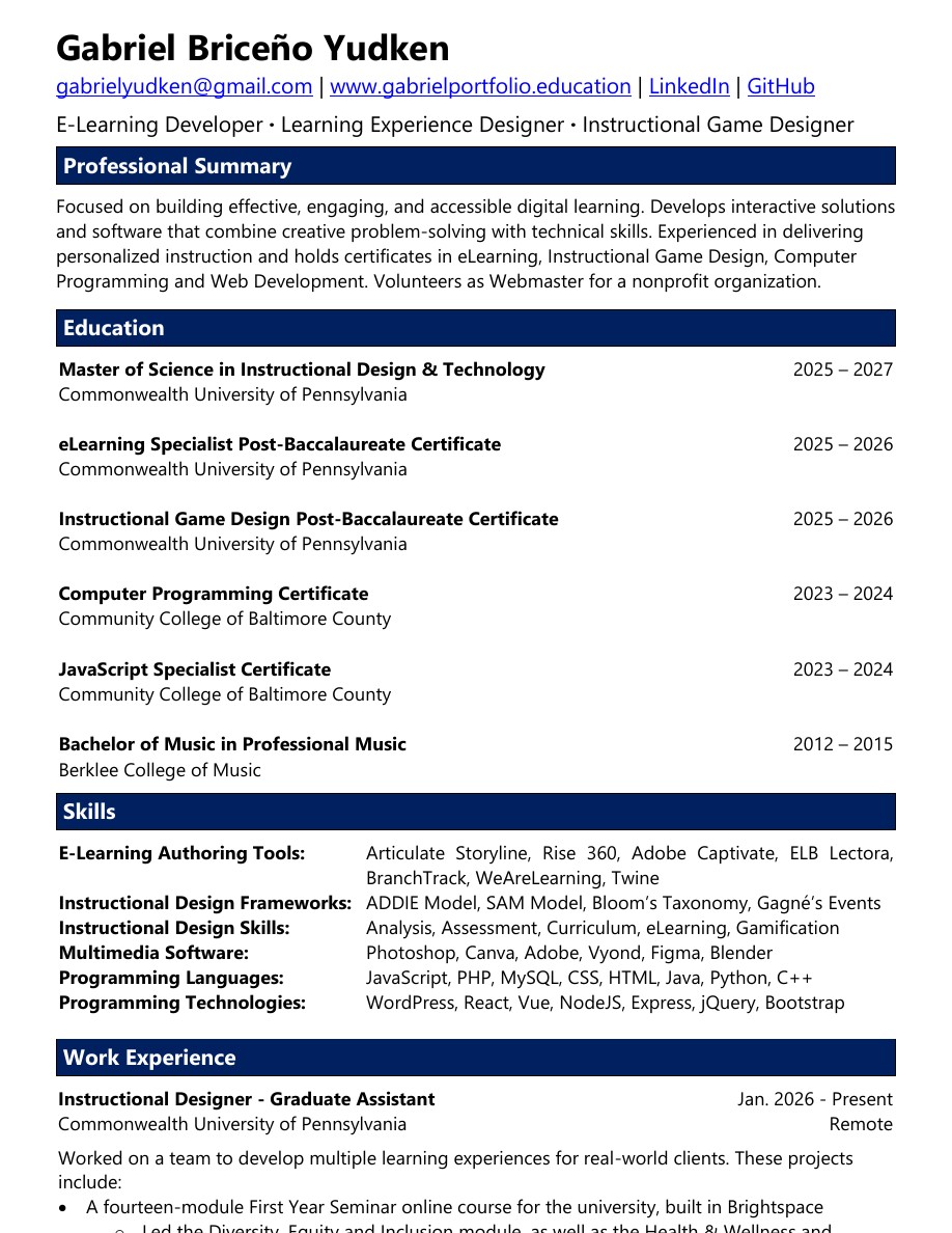 Preview of Gabriel Yudken's résumé